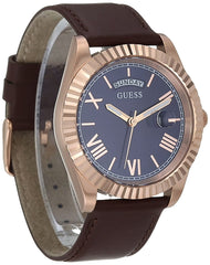 guess 42mm stainless steel day-date watch with coin edge bezel, brown/rose gold-tone, ns