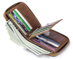 BULLCAPTAIN Mens Genuine Leather Zipper Wallet RFID Blocking Bifold Secure Zip Around Wallets Multi Credit Card Holder Purse, Handmad Brown, S, Rfid Wallet