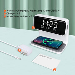 NALACAL Wireless Charging Alarm Clock 15W Max for Heavy Sleepers Digital Clock with Date and Temperature Night Light Desk Clock with Phone Charger Electronic LED Display for Office Bedroom Livingroom