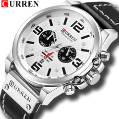 CURREN White Chronograph Fashion Trend Multi-Function Waterproof Quartz Watch Black Leather Strap Military Watch (Silver White)