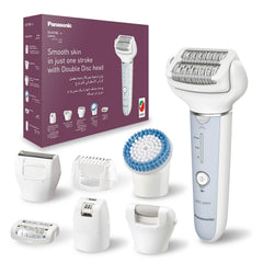 Panasonic ES-EY90 Wet and Dry Epilator for women, Double Disc with 60 Tweezers, Flexible 90Β° Pivoting Head, 3 Speed Setting & LED Light, Up to 30 Minutes Operation Time, 8 attachments