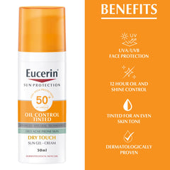 Eucerin Face Sunscreen Oil Control Tinted Gel-Cream Dry Touch, High UVA/UVB Protection, SPF 50+, Color Pigments for Dual Effect, Immediately Covers Skin Imperfections, For Oily Acne-Prone Skin, 50ml