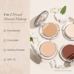 PÜR 4-in-1 Pressed Mineral Makeup SPF 15 Powder Foundation with Concealer & Finishing Powder- Medium to Full Coverage Foundation- Mineral-Based Powder- Cruelty-Free & Vegan Friendly- Cinnamon