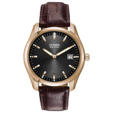 Citizen Men's Classic Eco-Drive Leather Strap Watch, Date, Luminous Hands and Markers, Black Dial