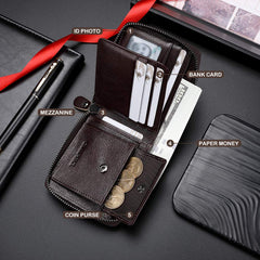 CHANPINCL Mens Genuine Leather Zipper Wallet RFID Secure Large Capacity Double Fold Multi-card Leather Wallets for Men and coin purse (Vegetable tanned leather bronw)