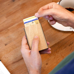 OGON Aluminum automatic card holder Slider - RFID Blocking – The original minimalist slim wallet for men and women - Up to 6 cards - Covering Wood Imitation Bamboo
