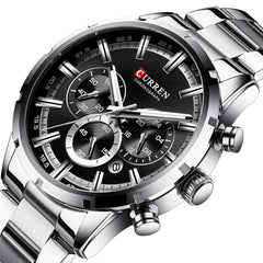 CURREN Mens Watch Sport Quartz Chronograph Wristwatches with Luminous Hands Fashion Stainless Steel Clock Date - Silver