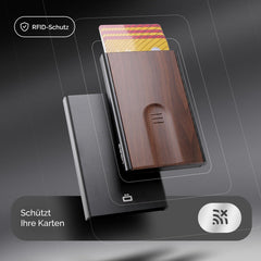 OGON Aluminum automatic card holder Slider - RFID Blocking – The original minimalist slim wallet for men and women - Up to 6 cards - Covering Wood Imitation Sequoia