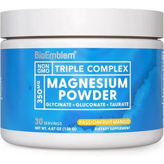 BioEmblem Triple Magnesium Powder Drink 350mg, Passionfruit Mango Flavor Magnesium Glycinate, Gluconate & Taurate with GABA For Rest, Sleep and Brain Health No Added Sugar Vegan