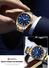 CURREN-Men's Stainless Steel Band Watch, Simple, Round Dial, Casual, Fashion, Water Resistant, Quartz, 8453 - T.T BLUE