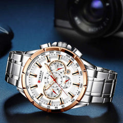 CURREN Quartz Chronograph Analogue Brown Men Wrist Watch CR-8363-Silver White