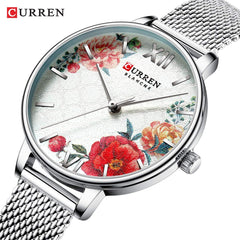 CURREN 9060 Luxury Casual Business Quartz Women Watch Flower Dial Elegant Exquisite Lady Wrist Watch 3ATM Waterproof Clock Wristwatch for Female Ladies with Stainless Steel Mesh Strap Band - Silver