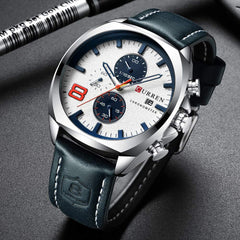 CURREN Mens Leather Strap Watches Classic Casual Dress Stainless Steel Waterproof Chronograph Date Analog Quartz Watch, Silver/white, sports