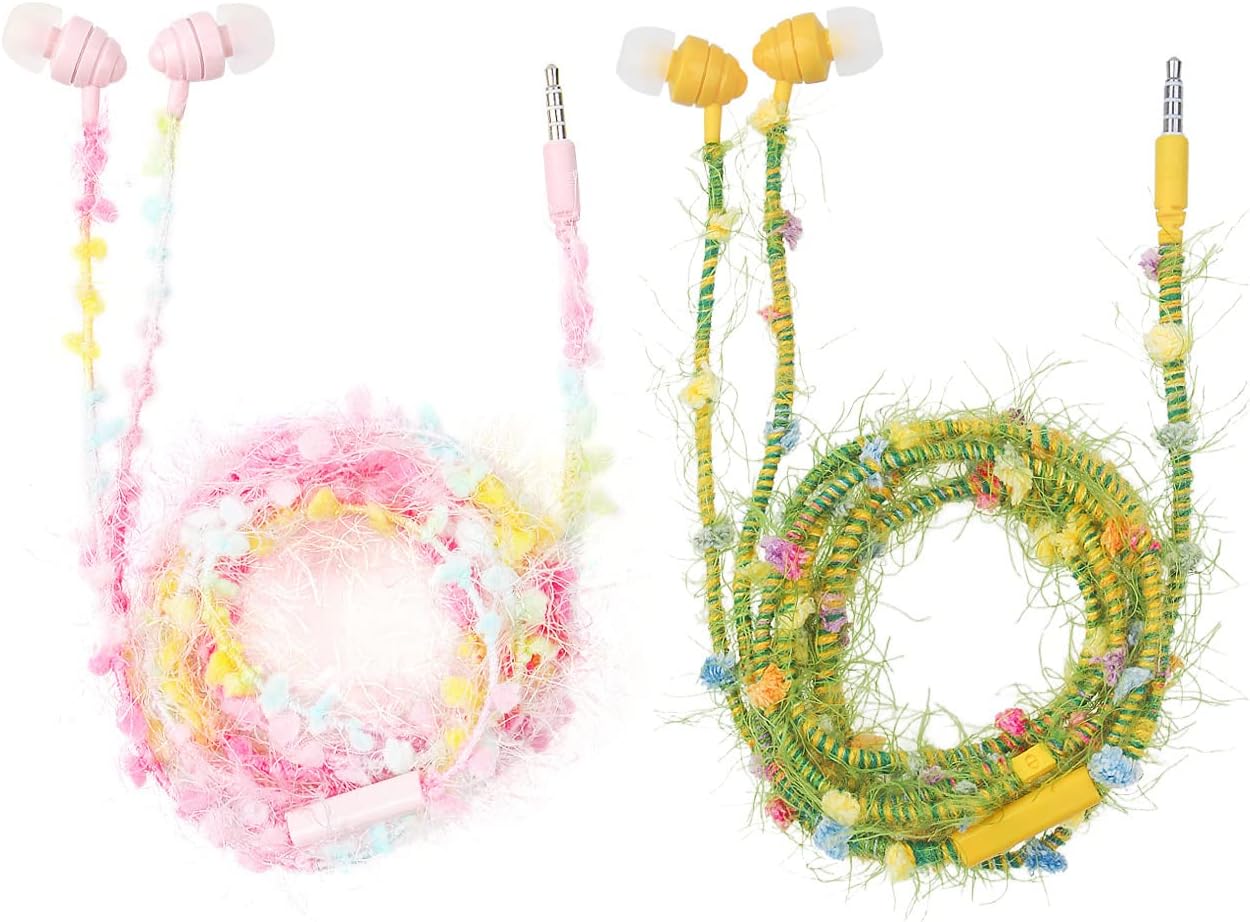 URIZONS [2Packs】 Fabric Braided Wired in-Ear Colorful Fuzzy