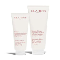 Clarins Hand & Nail Treatment Cream and Moisture Rich Body Lotion Bundle Hand Cream Softens, Nourishes and Shields Skin Body Cream Intensely Hydrates Very Dry Skin