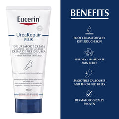 Eucerin UreaRepair Plus 10% Urea Foot Cream with Ceramide, Smoothes Callouses and Thickened Heels, Feet Care for Very Dry, Suitable for Mature & Diabetic Skin - 100ml