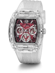 GUESS Men's Quartz Analogue Quartz Watch with Mineral Glass Polycarbonate Case 50WR (Red Dial, Transparent Case, Transparent Strap)
