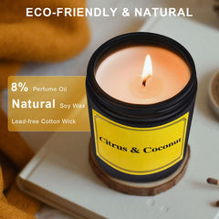 FRAGSCEN Citrus Coconut Scented Candle, Citrus Candles for Home Scented, Aromatherapy Candles for Stress Relief, Natural Soy Candle, 7oz 40 Hours