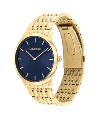 CALVIN KLEIN UNISEX'S BLUE DIAL IONIC PLATED THIN GOLD STEEL BRACELET WATCH - 25300007