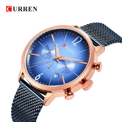 Curren Quartz Analog Watch Stainless Steel Band Wristwatch with Date Display, 8313 - Blue, Rose Gold