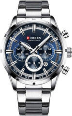 CURREN 8355 Luxury Classic Business Quartz Men Watch 3ATM Waterproof Large Case Big Dial Luminous Wrist Watch Calendar Minute Second Chronograph 24-hours Three Sub-Dials Wristwatch with Alloy Strap - Silver