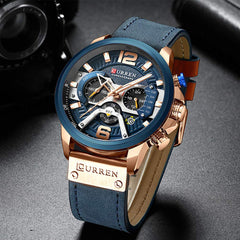 CURREN Men's Leather Strap Watches Classic Casual Dress Stainless Steel Waterproof Chronograph Date Analog Quartz Watch - Blue