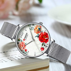 CURREN 9060 Luxury Casual Business Quartz Women Watch Flower Dial Elegant Exquisite Lady Wrist Watch 3ATM Waterproof Clock Wristwatch for Female Ladies with Stainless Steel Mesh Strap Band - Silver