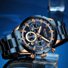 CURREN Business Quartz Men Watch 3ATM Waterproof Large Case Big Dial Luminous Wrist Watch Calendar Minute Second Chronograph 24-Hours Three Sub-Dials Wristwatch with Alloy Strap Band