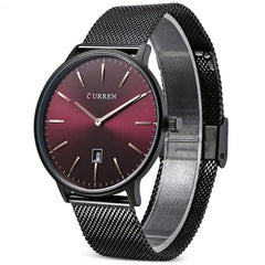 CURREN Mens Analog Watch Black Gunmetal Case Red Dial Date Window Black Stainless Steel Bracelet