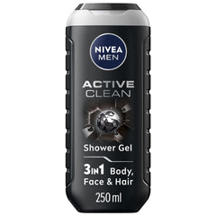 NIVEA MEN Active Clean 3in1 Shower Gel, Cleans Body, Face and Hair, with Active Charcoal, for Purified and Stimulating Skin, for All Skin Types, 250ml