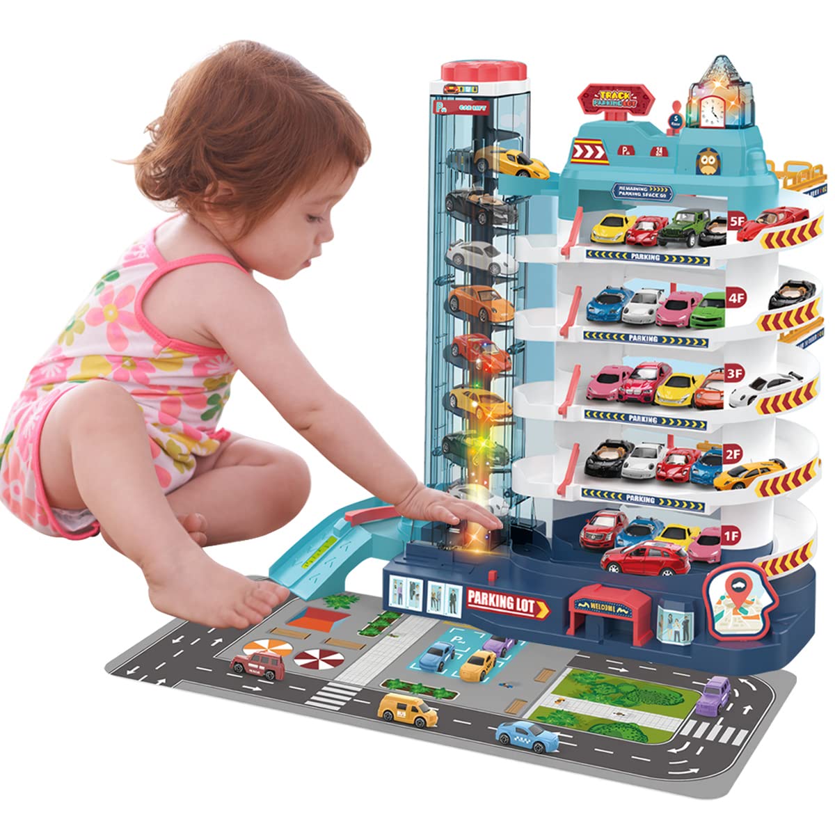 City Garage Playset Car Race Track for Toddlers 5 Level Garage Track