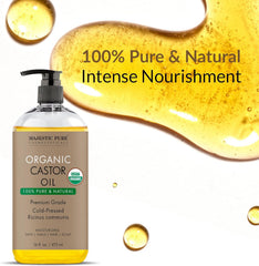 MAJESTIC PURE Organic Castor Oil| Huge 473 ml Bottle | Cold Pressed | 100% Pure & Hexane Free | Stimulate Growth for Hair, Eyelashes, Eyebrows, Nails | Moisturizing & Nourishing | Body, Hair