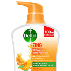 Dettol Zing Antibacterial Bodywash, 10X Better Odour Protection, 100% Better Germ Protection, Orange Zest, 700ml (Packaging may vary)