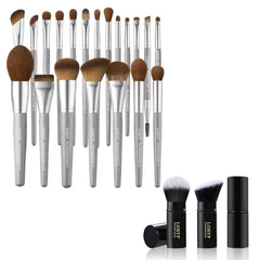 LORYP 2Pcs Black Retractable Kabuki Foundation Brush Set and 20Pcs Gray Vegan Soft Full-size Brush Set Bundle