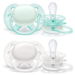 AVENT Philips Ultra Soft Pacifier, 0-6 Months, Arctic White/Green, 4 Pack, SCF214/40