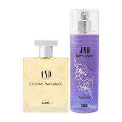 AND Eternal Radiance Eau De Parfum 100ML & Pretty Vogue Body Mist 200ML Pack of 2 for Women Crafted by Ajmal + 2 Parfum Testers