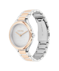 CALVIN KLEIN WOMEN'S SILVER WHITE DIAL STAINLESS STEEL & IONIC PLATED ROSE GOLD STEEL BRACELET WATCH - 25100049
