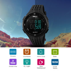 SKMEI Men’s Digital Sports Watch Military Waterproof Watches LED Screen Big Face Chronograph with Black Silicone Strap Simple Army Watches, black, 1.8*1.0*0.5 inch, sports
