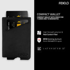 Fidelo Minimalist Wallet for Men - Slim Credit Card Holder RFID Mens Wallets with Magnetic Money Clip Removable Black Leather Case - Black Crazy Horse Leather and Carbon Fiber