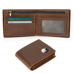 Polare Men's RFID Blocking Cowboy Genuine Natural Crazy Horse Leather Bifold Wallet - Brown-Medium with AirTag Slot