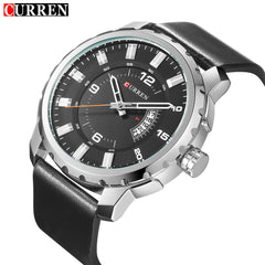 Curren 8245 Casual Men Analog Dial Watch With Quartz 3 Dials Waterproof Leather Strap Watch - Black