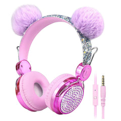Kids Headphones, Bear Earbuds with 85dB Volume Limit, 3.5mm Over-Ear Headphones for Girls with Microphone for School, Birthdays, Gifts (Purple)