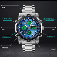 SKMEI Mens Wrist Watch, Waterproof Military Analog Digital Watches with LED Multi Time Chronograph, Stainless Steel Business Watches for Men - 1389-Blue