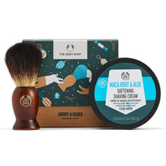 The Body Shop Scruff & Kisses Shaving & Grooming Gift Set β Maca Root & Aloe Shave Cream For Men (6.91 fl oz) & A Shaving Brush
