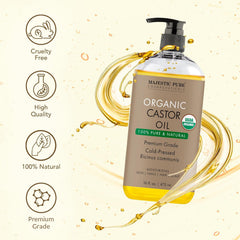 MAJESTIC PURE Organic Castor Oil| Huge 473 ml Bottle | Cold Pressed | 100% Pure & Hexane Free | Stimulate Growth for Hair, Eyelashes, Eyebrows, Nails | Moisturizing & Nourishing | Body, Hair