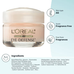 L'Oreal Paris Eye Cream to Reduce Puffiness, Lines and Dark Circles, Skincare Dermo-Expertise Eye Defense Eye Cream with Caffeine and Hyaluronic Acid For All Skin Types, 0.5 oz.
