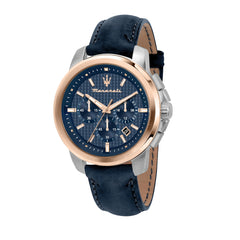 Maserati Successo Men's Watch, Chronograph, Made of Stainless Steel, Rose Gold PVD, Leather - R8871621015