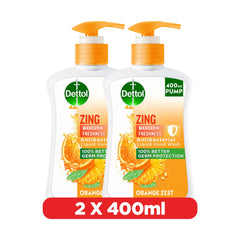 Dettol Zing Mandarin Freshness Liquid Hand Wash for Effective Germ Protection & Personal Hygiene, Protects Against 100 Illness Causing Germs, Orange Zest Fragrance, 400ml, Pack of 2