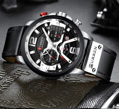 CURREN Mens Leather Watch Chronograph Fashion Military Multi-Function Waterproof Quartz Watch Leather Strap (Silver) (Black)