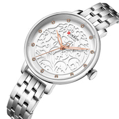 CURREN 9046 Quartz Women Wristwatch Carved Flower Embroidered Style Watch for Ladies Womens Watches with Leatherette PU Strap Stainless Steel Band Waterproof Wearable Accessories
